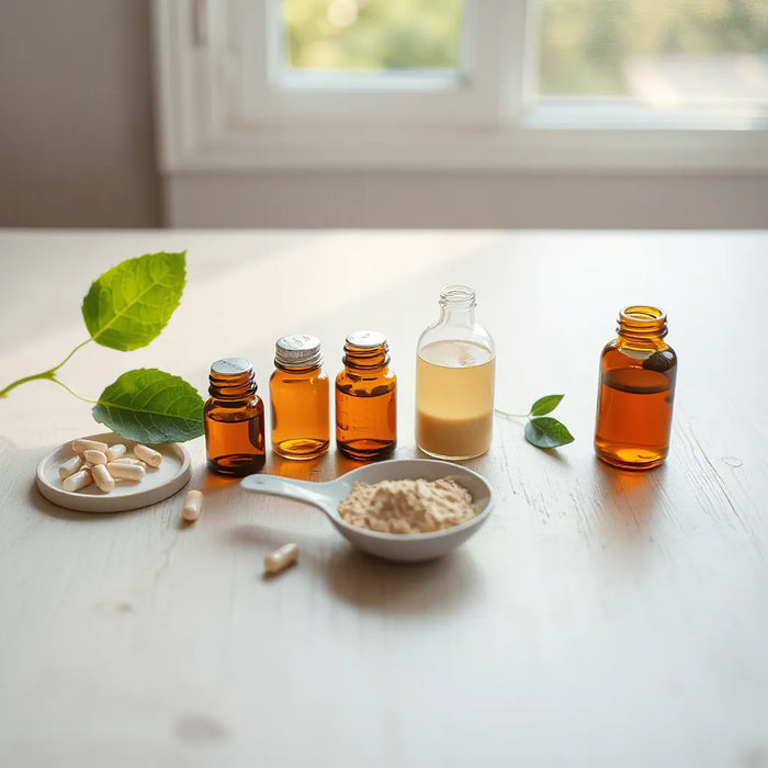 Amber wellness supplement bottles, capsules, and a leaf on a bright wood surface