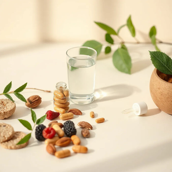 Natural supplement capsules, water glass, and whole foods on a clean light background for longevity and anti-aging