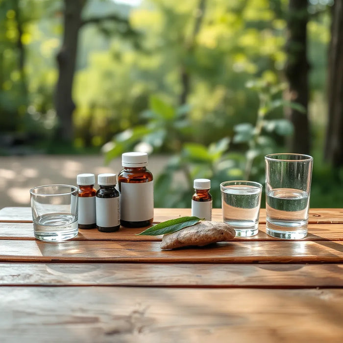 Neatly arranged wellness supplements, water glass, and natural morning light on a wooden table