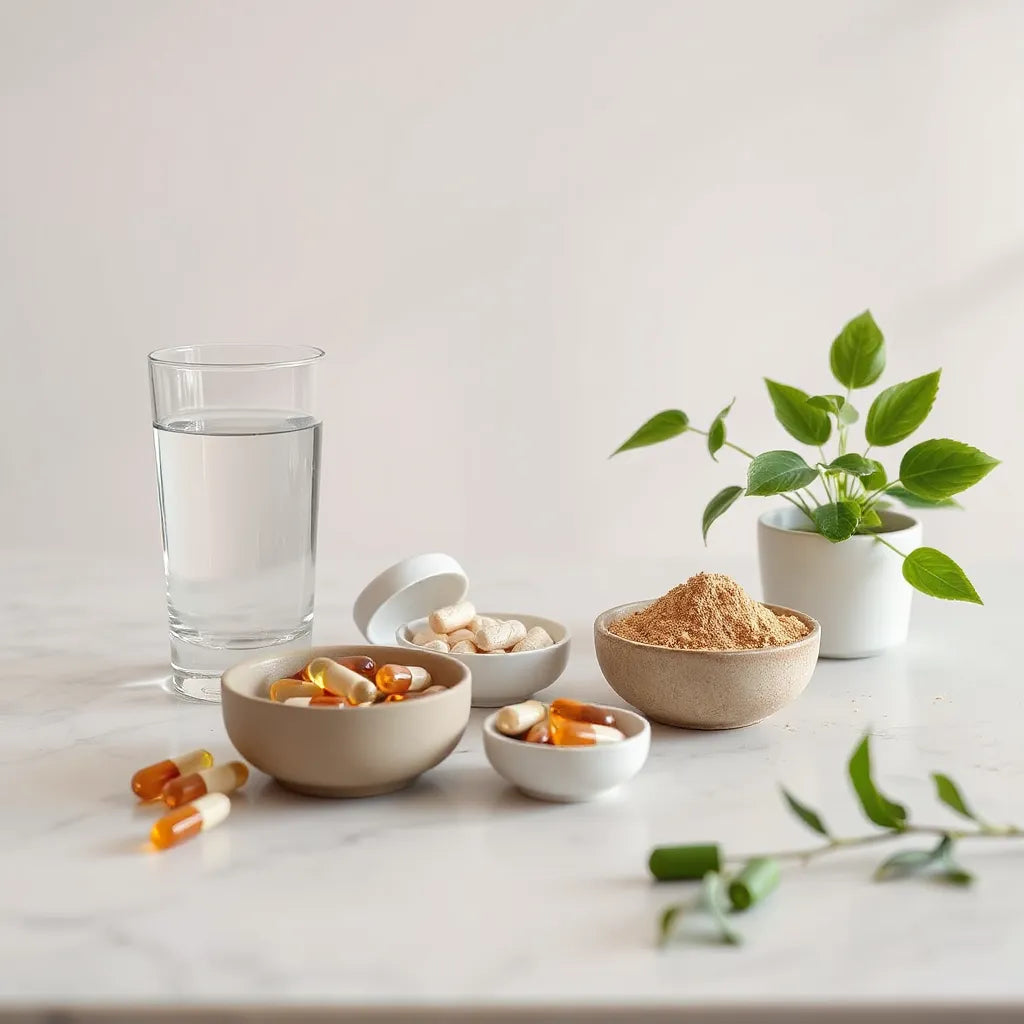 Assorted natural supplement capsules and powders with water and greenery on a clean, softly lit countertop