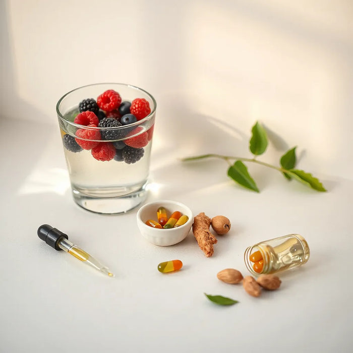 Capsules and wellness ingredients on a clean counter with water and berries in warm morning light