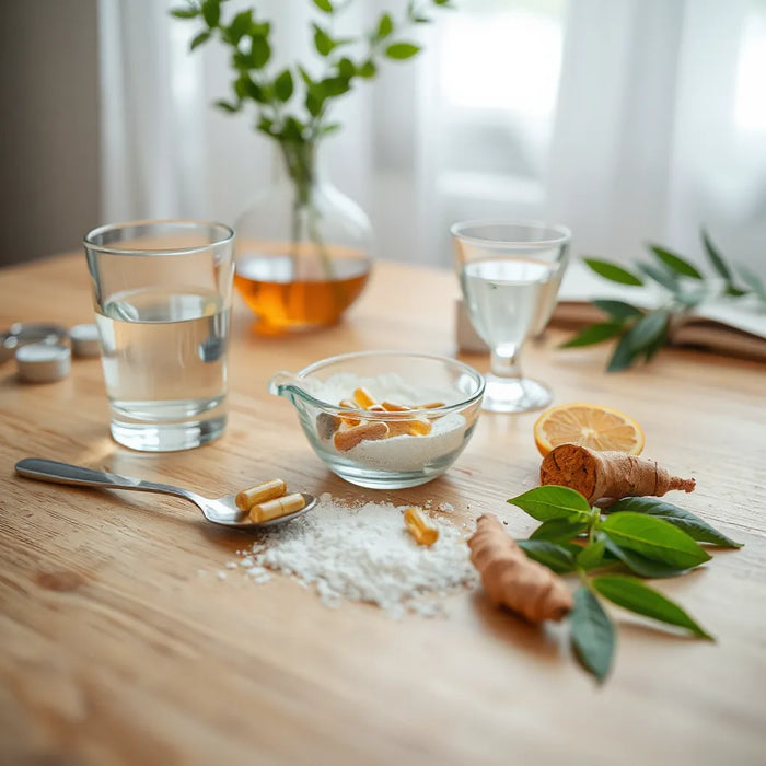 Capsules, powders, and water on a clean table with fresh greenery in soft morning light
