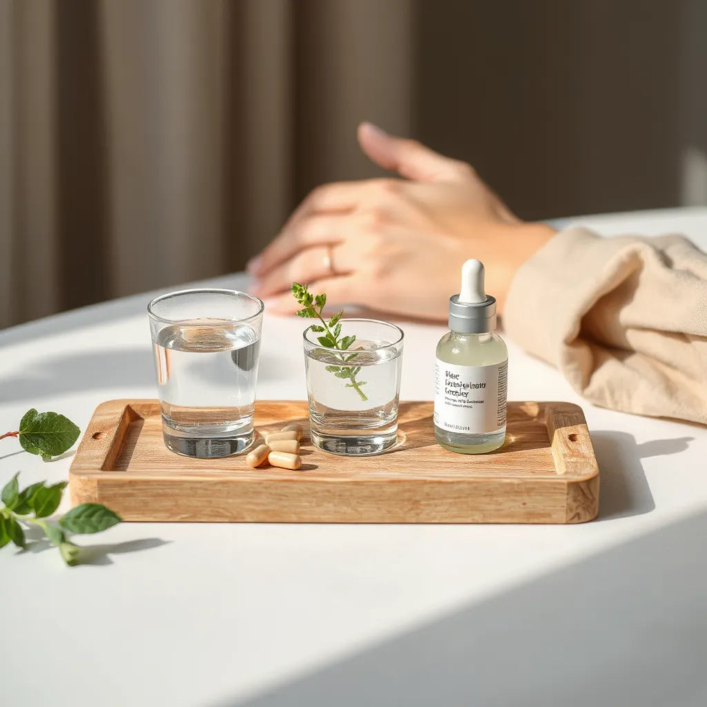 Capsules and water on a wooden tray beside a calm hand and plant for longevity wellness
