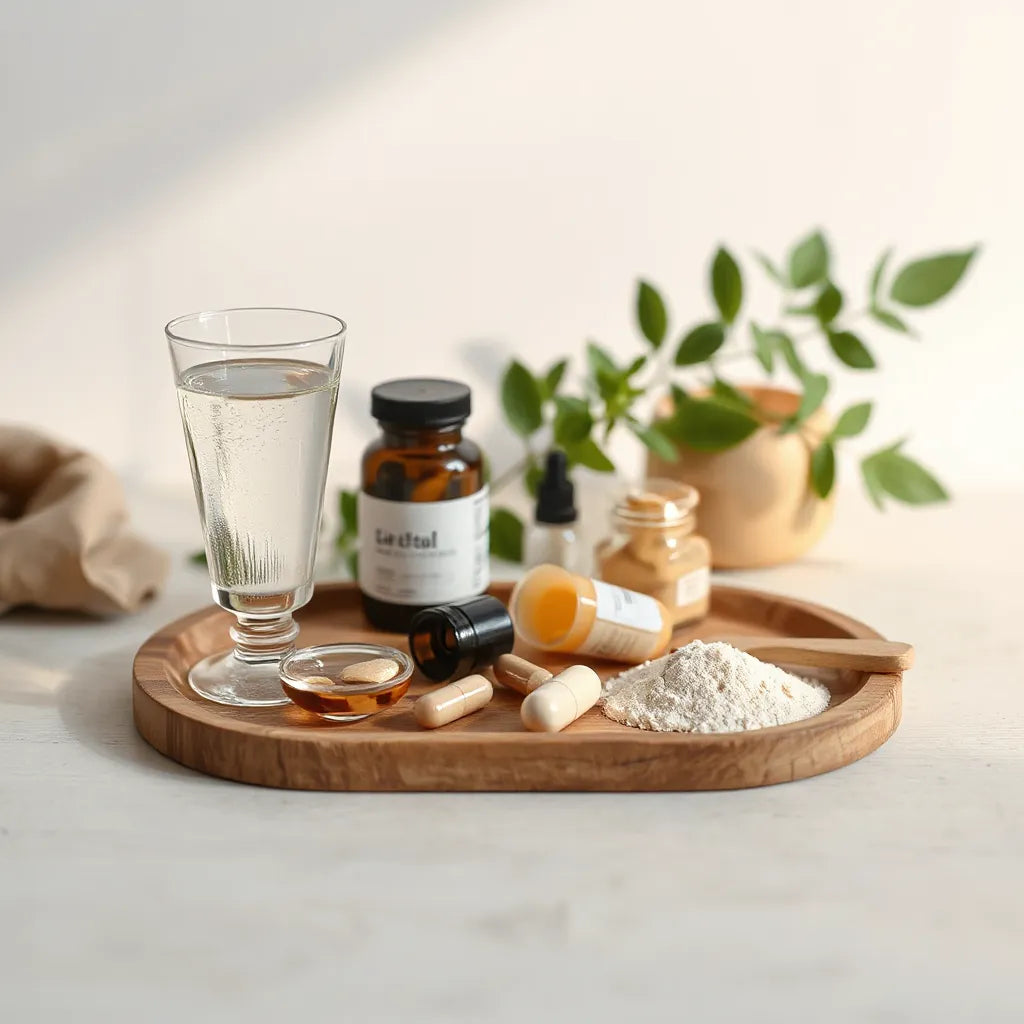 Assortment of capsules and powders on a wooden tray with water and soft greenery in natural light