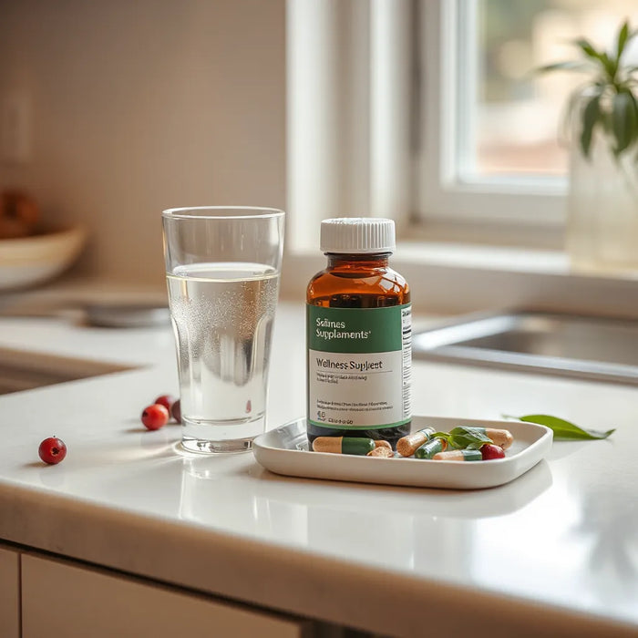 Minimal wellness setup with supplements, water, and natural ingredients under soft morning light