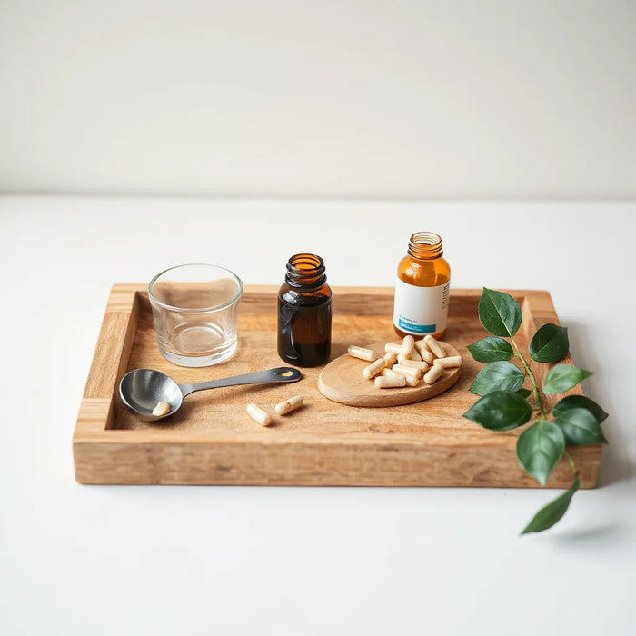 Clean tray with supplement bottles and capsules, warm natural light, leafy plant backdrop for wellness and longevity