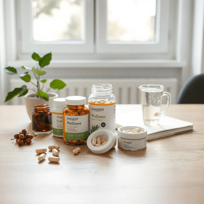Neatly arranged supplement bottles and a glass of water on a wooden table in soft daylight