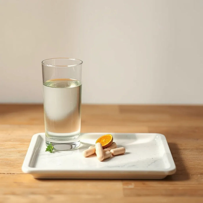 Natural supplement capsules and herbal ingredients beside a glass of water in soft morning light