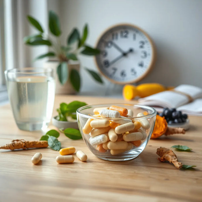 Wellness supplements with water and natural ingredients on a wooden table in soft morning light