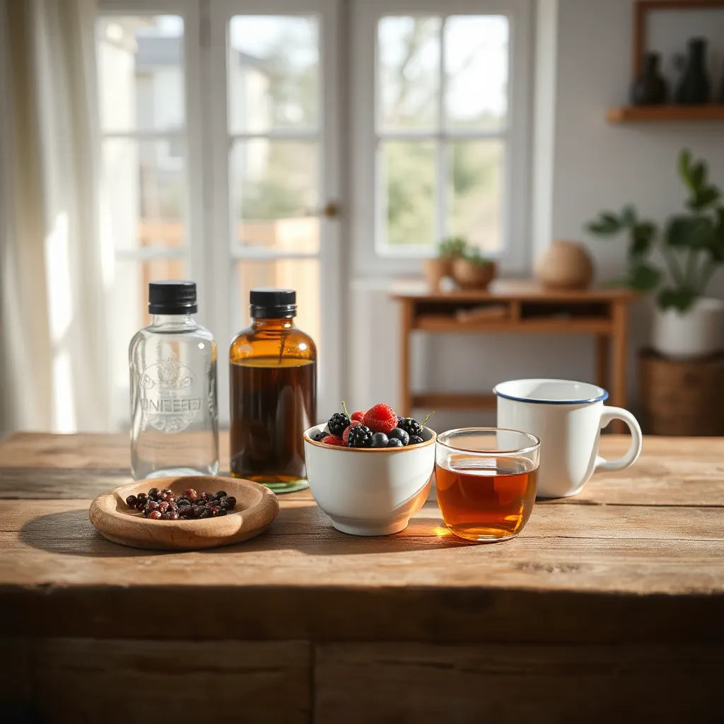 Glass supplement bottles beside berries and herbal tea in a calm, sunlit wellness setting