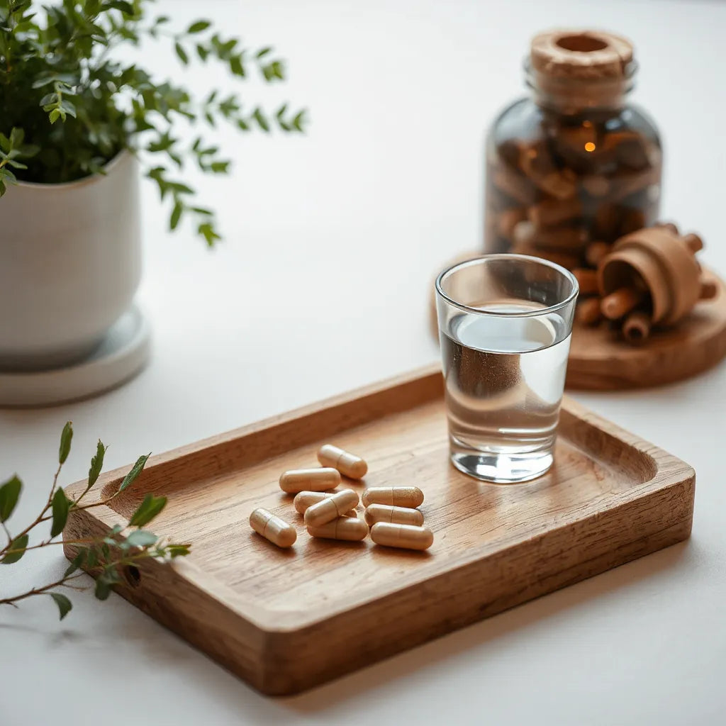 Wellness supplement capsules and water on a wooden tray with greenery in soft natural light
