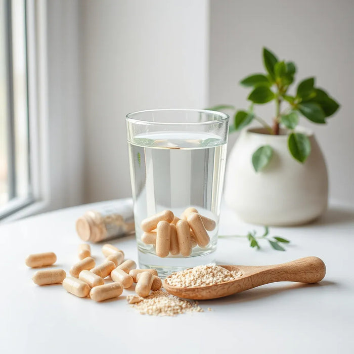 Natural supplement capsules and powder with water and soft morning light for healthy longevity support