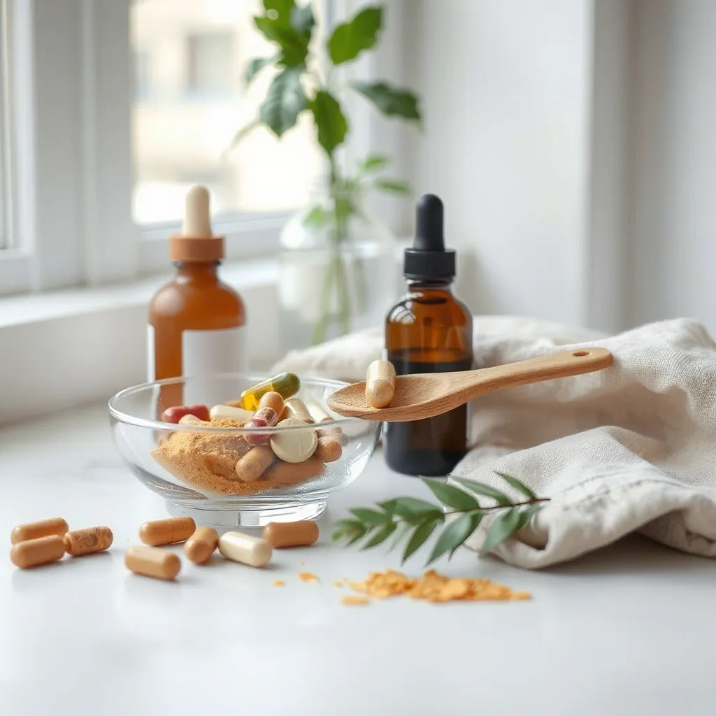 Natural supplement capsules and powders with a dropper bottle on a linen cloth in warm daylight