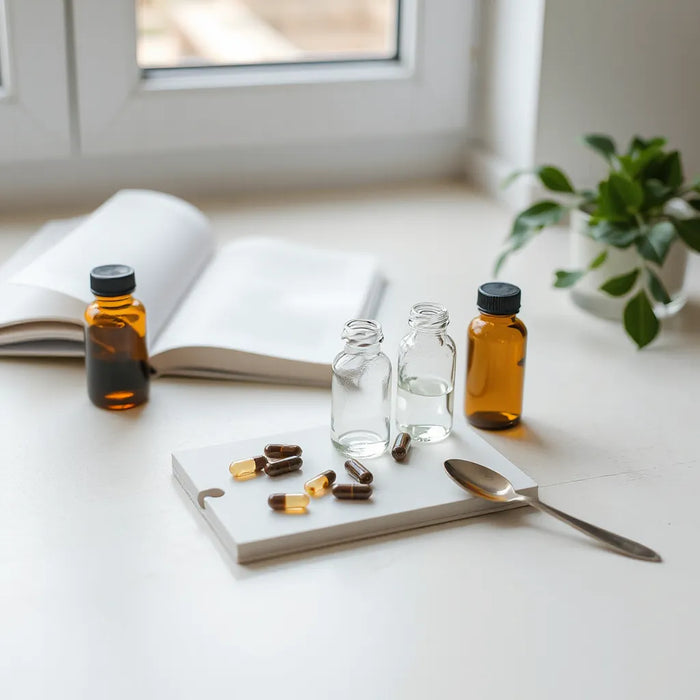 Neatly arranged supplements with capsules and small bottles on a light countertop with soft morning light