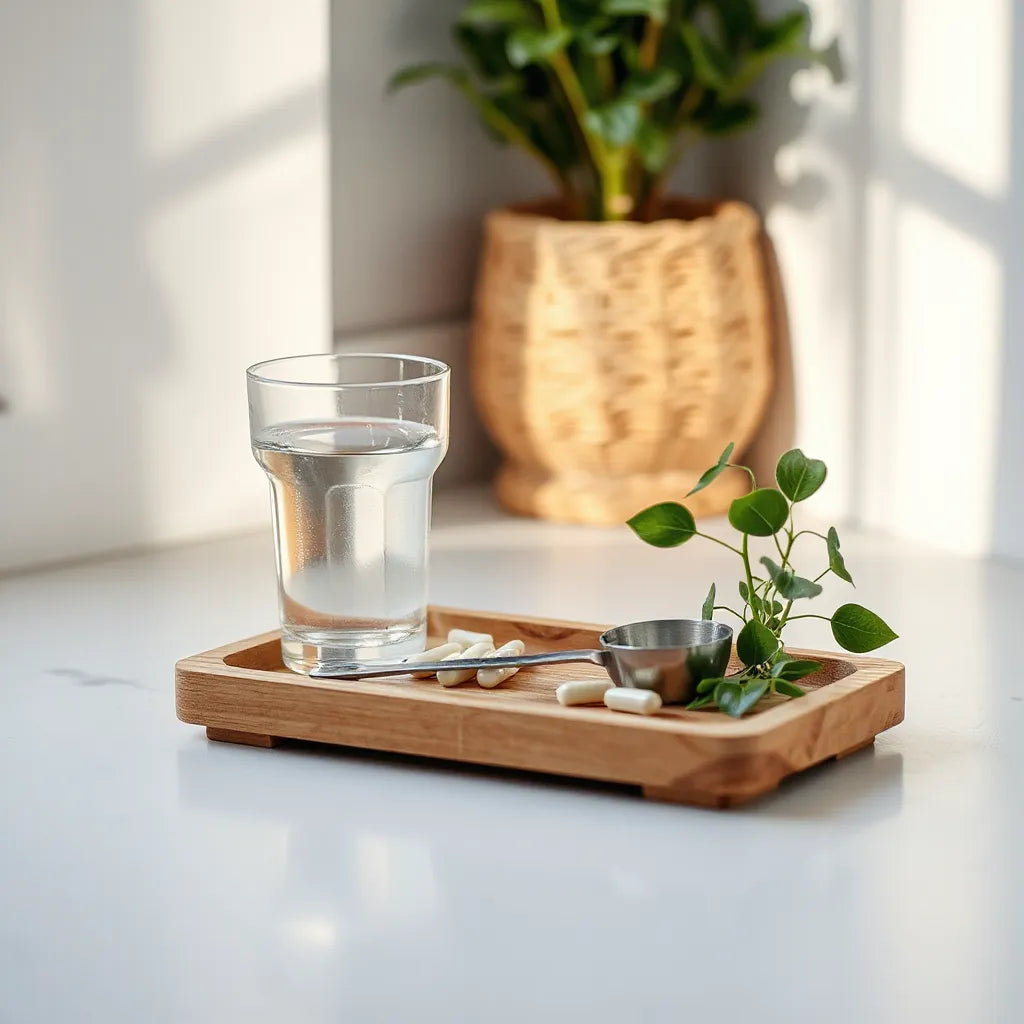 Neatly arranged supplement capsules on a wooden tray with water and natural light for wellness support