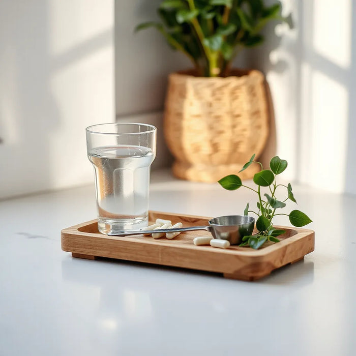 Neatly arranged supplement capsules on a wooden tray with water and natural light for wellness support