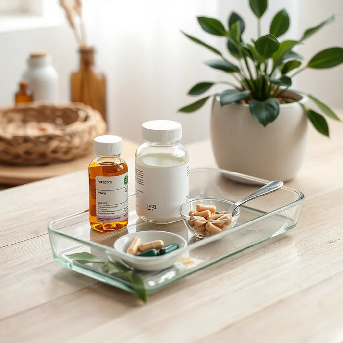 Generic supplement bottles and capsules on a clean tray with soft natural light and minimal background decor