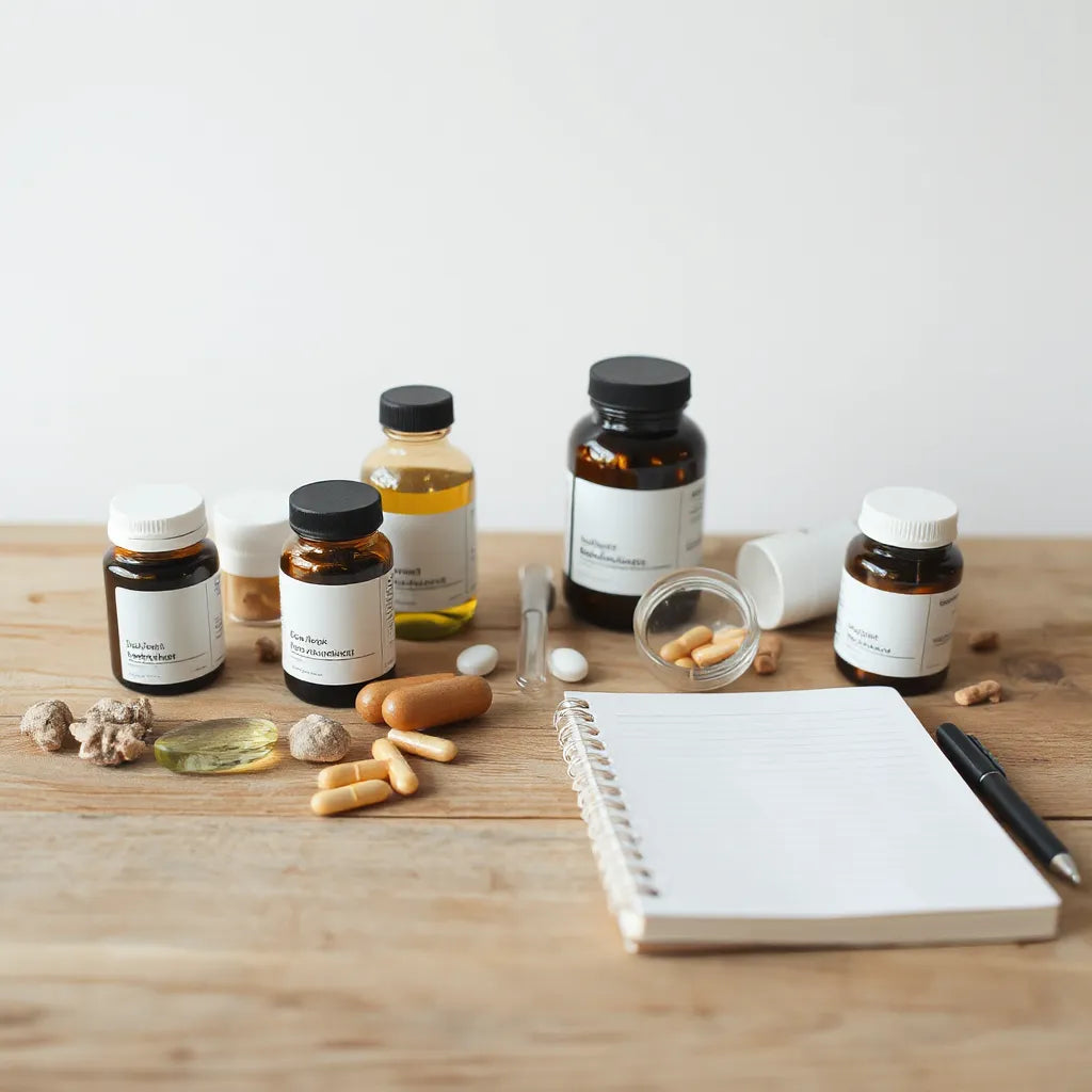 Clear supplement bottles beside a blank checklist notebook on a minimalist table