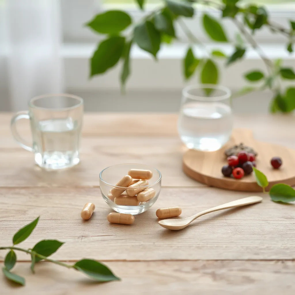 Capsules, measuring spoon, and water with fresh herbs and berries on a calm wooden tabletop