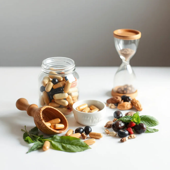 Neatly arranged supplement jar, capsules, and natural ingredients suggesting wellness and longevity support.