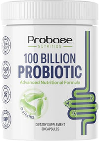 Thumbnail for Probase Nutrition Probiotic, 100 Billion CFU, 10 Strains with Prebiotics, 30 Veggie Capsules, Gluten Free for Men and Women, 30-Day Supply