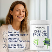 Thumbnail for Probase Nutrition Probiotic, 100 Billion CFU, 10 Strains with Prebiotics, 30 Veggie Capsules, Gluten Free for Men and Women, 30-Day Supply