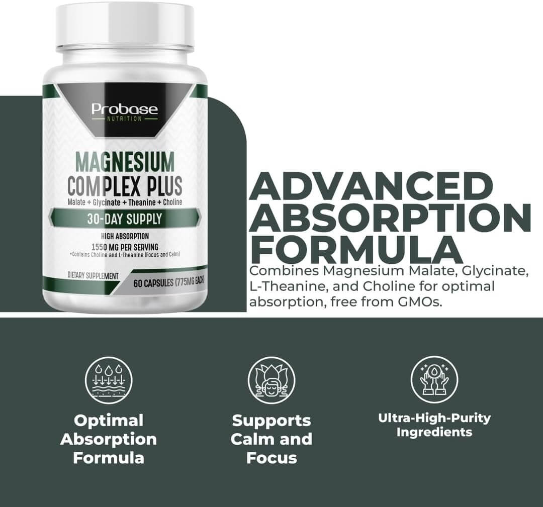 Magnesium Complex Plus with Magnesium Malate, Glycinate, L-Theanine, and Choline High Absorption Formula 60 Capsules 30-Day Supply