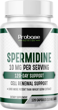Thumbnail for Probase Nutrition Spermidine (10mg of 99% Spermidine 3HCL - Third Party Tested) 120 Capsules - 100x More Potent Than Wheat Germ Extract, Telomere Health and Aging 120-Day Supply - As efficient as NMN