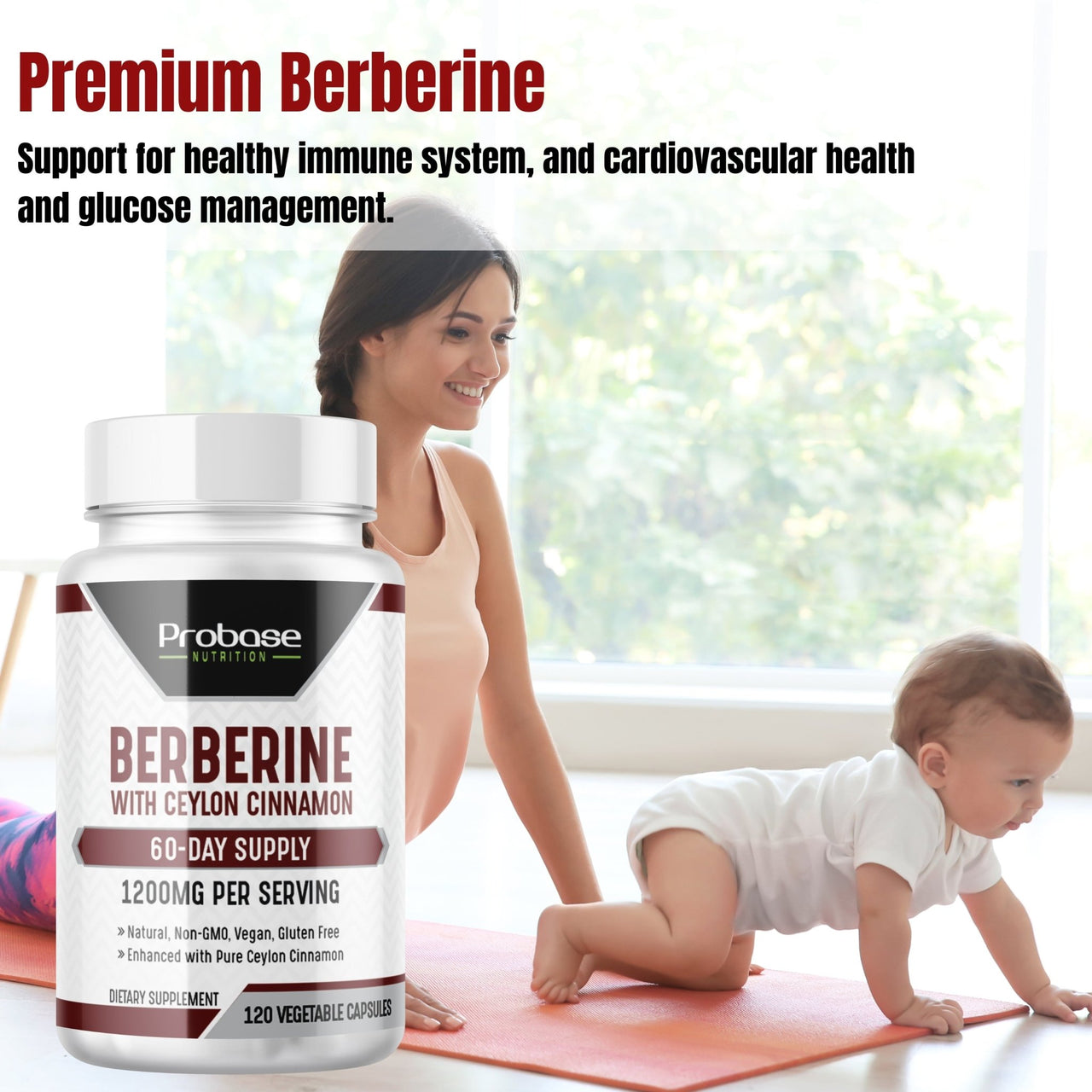 Probase Premium Berberine HCI 1200mg, 120 Capsules - Plus Ceylon Cinnamon Extract 10:1, Berberine HCL Root Supplements Pills - Supports Glucose Metabolism, Immune System, Healthy Weight Management - Probase Nutrition