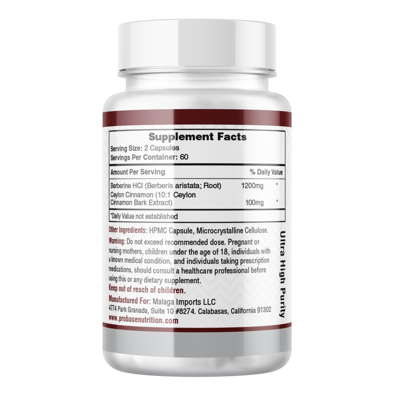 Probase Premium Berberine HCI 1200mg, 120 Capsules - Plus Ceylon Cinnamon Extract 10:1, Berberine HCL Root Supplements Pills - Supports Glucose Metabolism, Immune System, Healthy Weight Management - Probase Nutrition