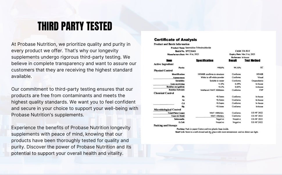 Probase Spermidine Supplement (10mg of 99% Spermidine 3HCL - Third Party Tested) 120 Capsules - Over 100x More Potent Than Wheat Germ Extract for Cell Membrane, Telomere Health and Aging - Probase Nutrition