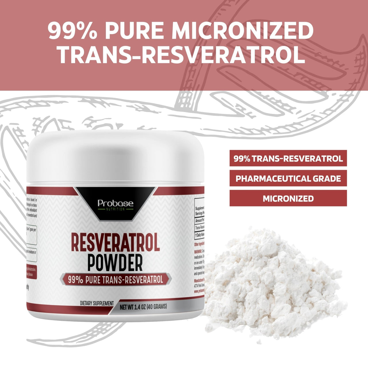 Probase Trans-Resveratrol Powder - Guaranteed over 98% purity - 40-Day Supply - Probase Nutrition