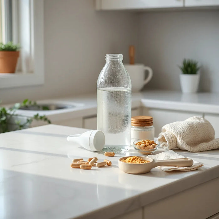 Assorted supplement capsules and powder on a clean countertop with soft natural light, suggesting wellness support