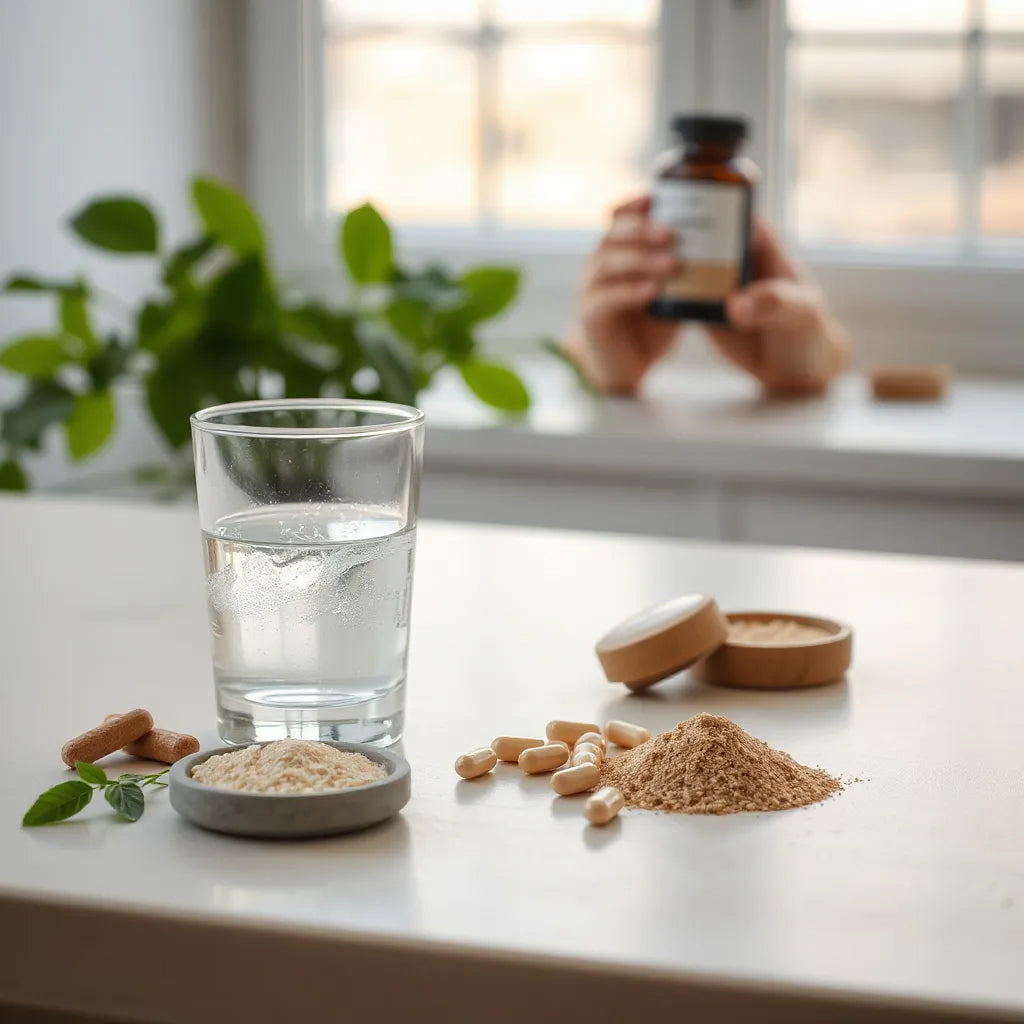 Minimalist wellness scene with natural supplement capsules and a glass of water in soft morning light