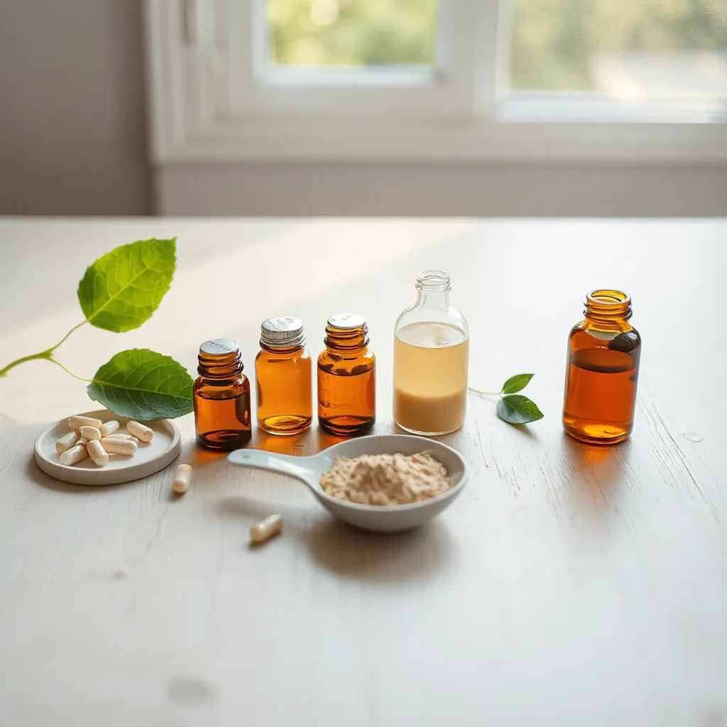 Amber wellness supplement bottles, capsules, and a leaf on a bright wood surface
