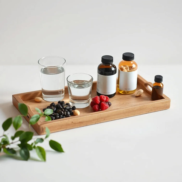 Wooden tray with unlabeled supplement bottles, water glass, and natural ingredients under soft morning light