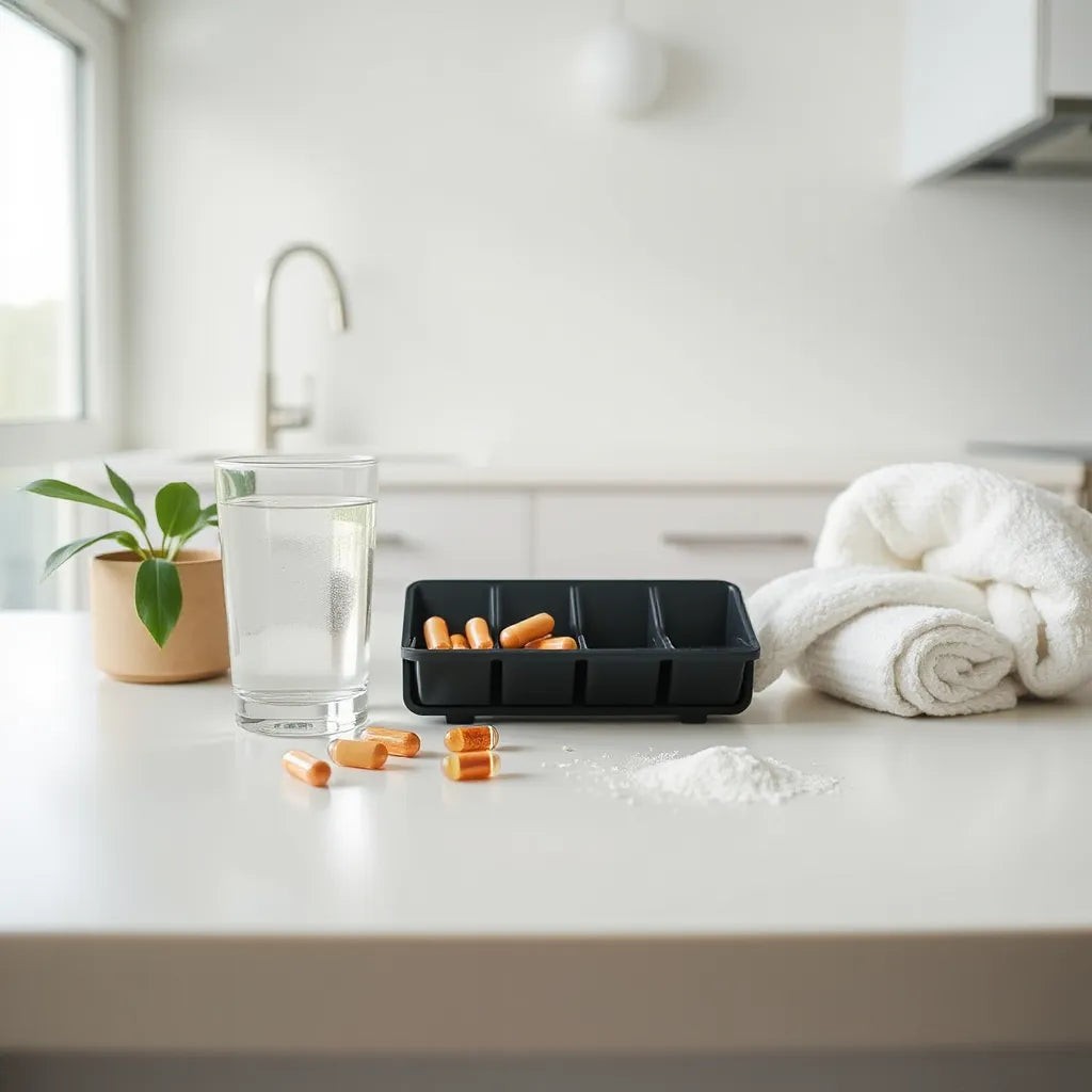 Morning countertop scene with water, a weekly pill organizer, and supplements beside green plants