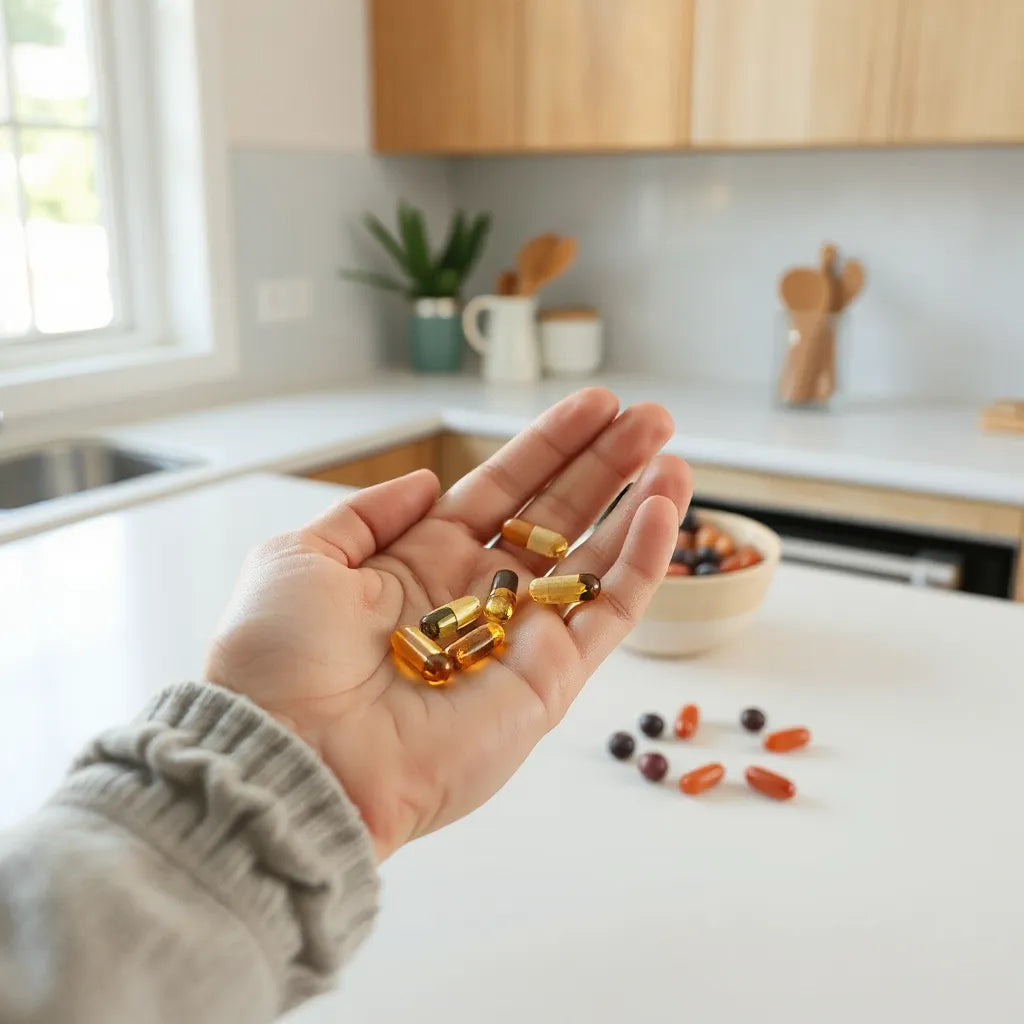 Hand holding natural supplement capsules with water and minimal wellness items on a clean countertop