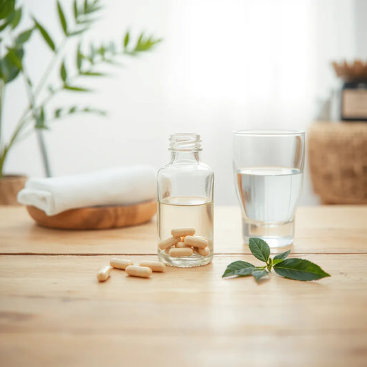 Dietary supplement bottle with capsules and water on a wooden table with soft natural greenery background