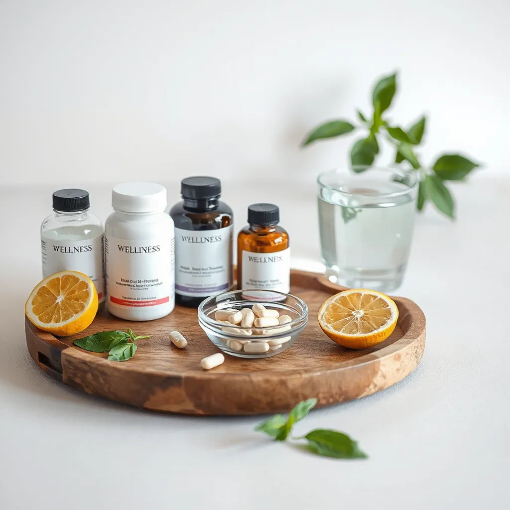 Generic supplement bottles with capsules and water on a minimal wooden tray in natural light
