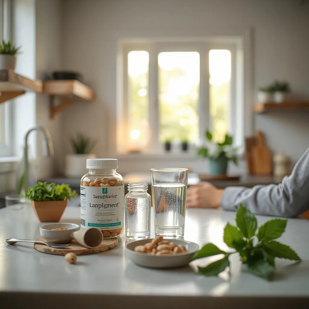 Person reviewing supplement bottles with a glass of water on a kitchen counter