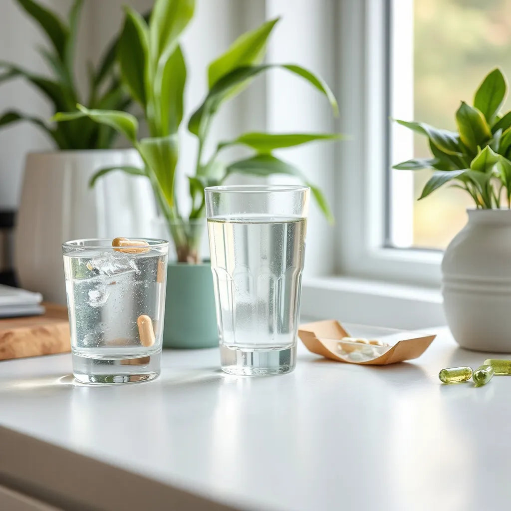 Natural supplement capsules and tablets beside a glass of water with soft morning light and greenery in the background