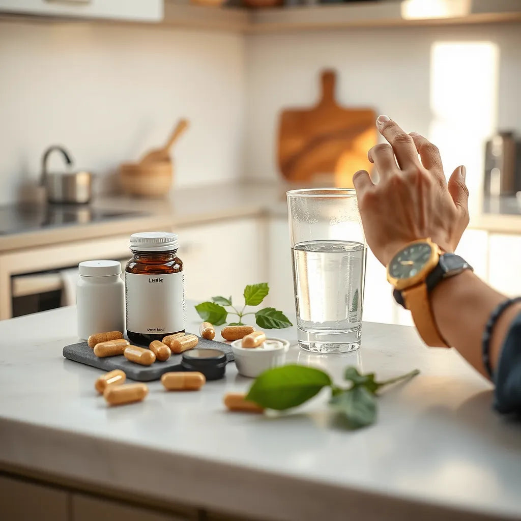 Assorted wellness supplements and water on a clean counter with soft natural lighting