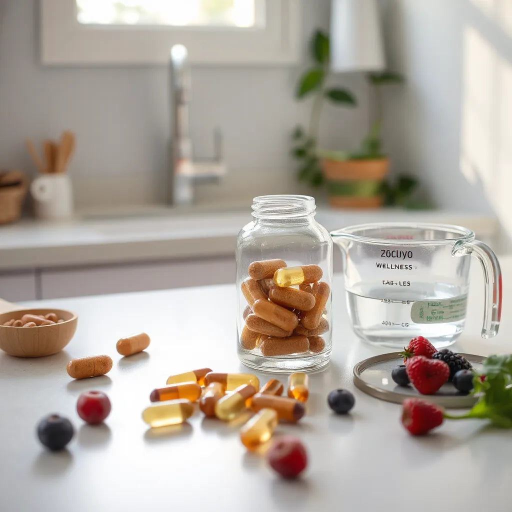Dietary supplements and capsules on a kitchen counter with natural ingredients and soft morning light