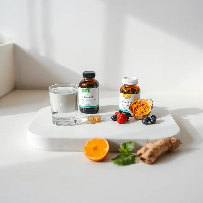 A wellness supplement setup with capsules, water, and natural ingredients on a clean countertop