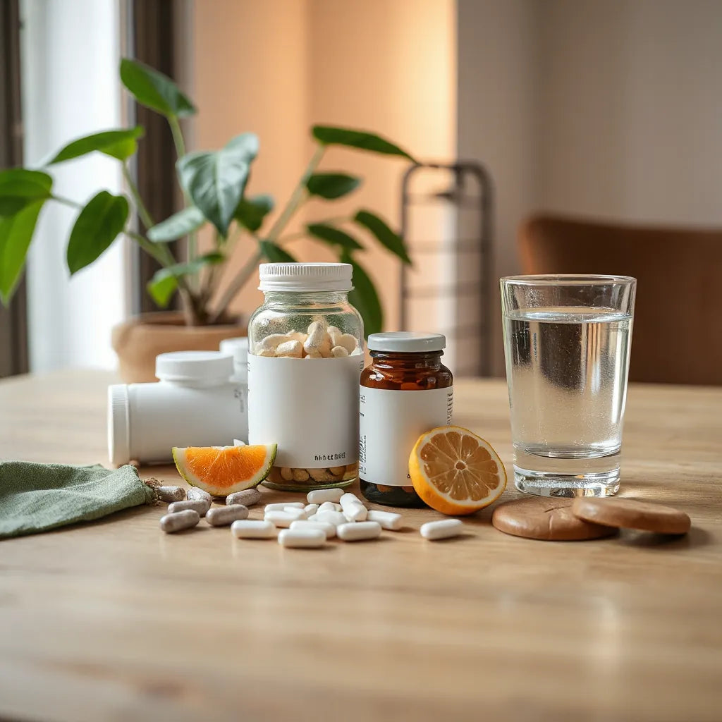 Assorted unbranded wellness supplements and a glass of water on a clean table with soft natural light