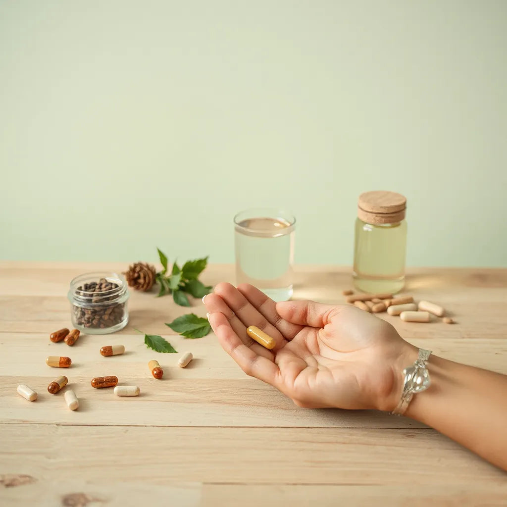 Hand holding a supplement capsule beside natural wellness ingredients and a glass of water