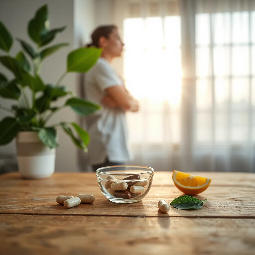 Supplement capsules and natural wellness items on a wooden table with soft morning light.