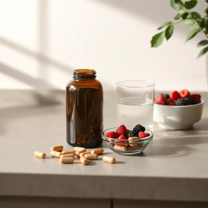 Supplement bottle, capsules, and berries arranged on a clean countertop with soft morning light