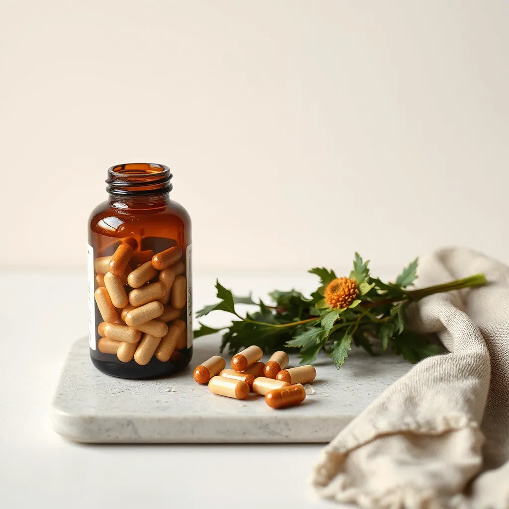 Minimalist wellness still life with supplement capsules and a bottle on a clean bright background